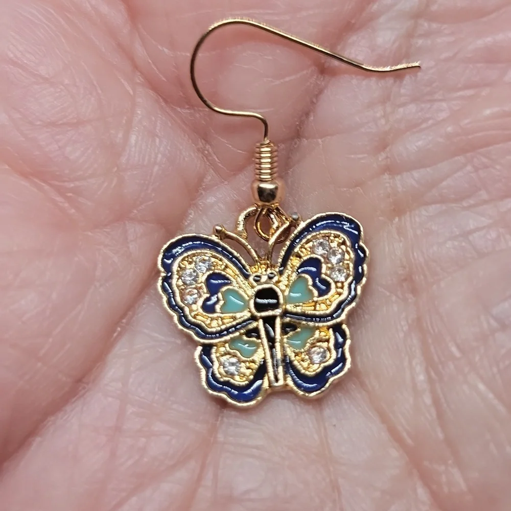 Luxe Blue Butterfly Dangle Earrings Gold Tone Luxe Sparkle Faux Stone New